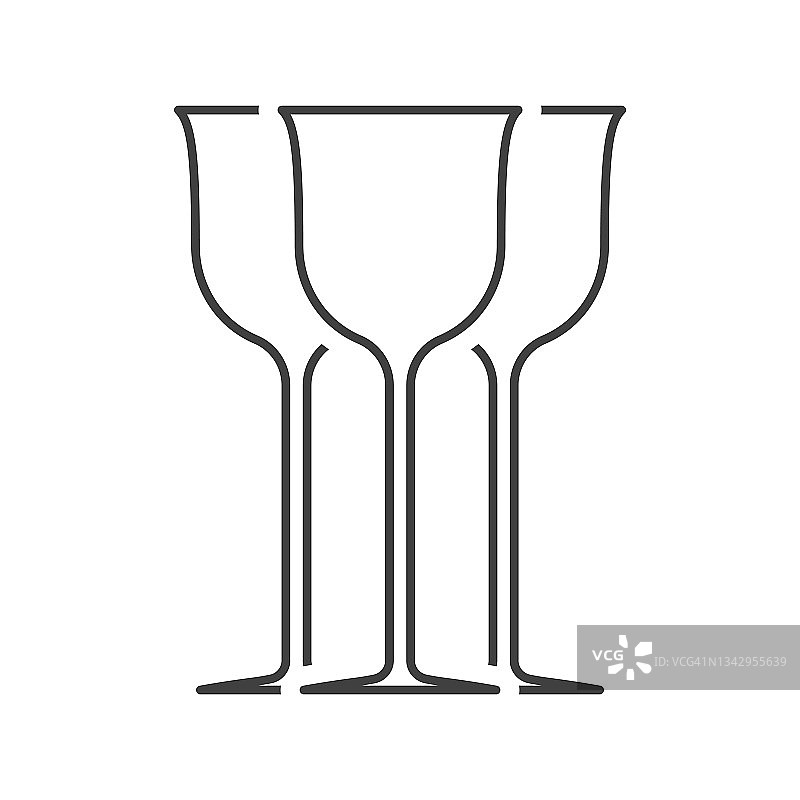 三个酒杯图标。中间的玻璃和后面的两个玻璃的剪影。孤立的线性图像。向量。图片素材