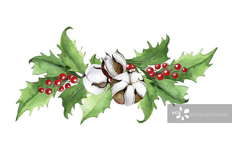 水彩画圣诞构图，冬青叶、浆果和棉花花的花束。剪贴画，装饰新年，圣诞节图片素材