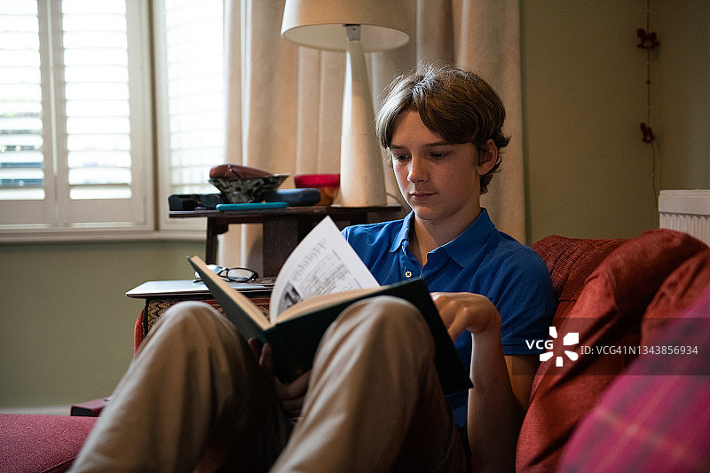 十几岁的男孩在看书，在家躺在沙发上图片素材