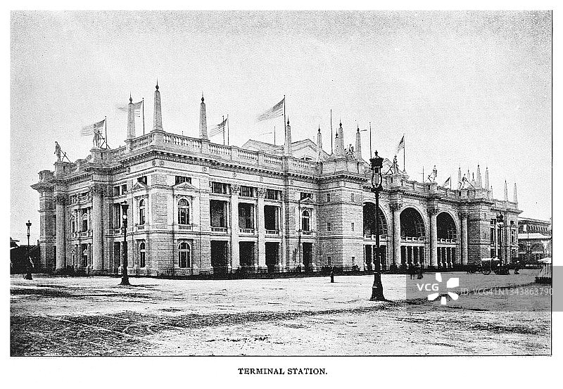 19世纪芝加哥的旧版画插图，1893年芝加哥哥伦比亚博览会-终点站大楼图片素材