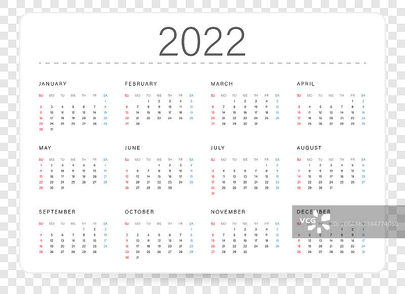 日历2022矢量插图模板。一周从周日开始，图片素材