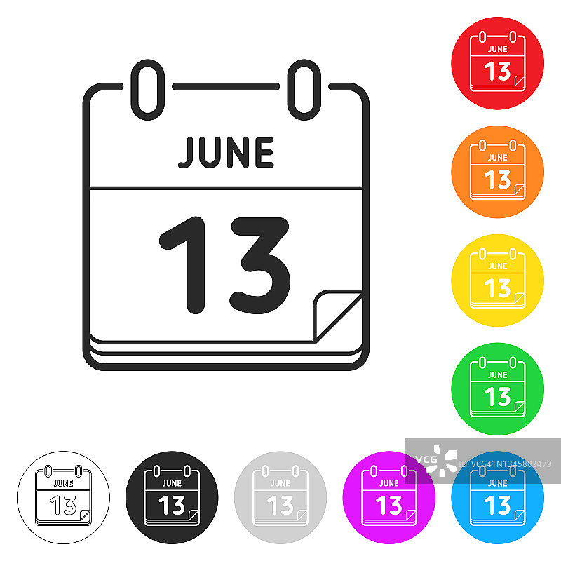 6月13日。按钮上不同颜色的平面图标图片素材