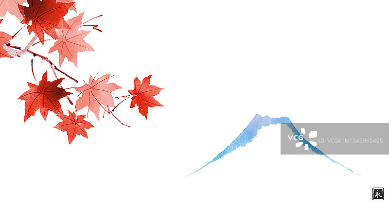 红枫和富士山。日本传统水墨画sumi-e。象形文字——永恒。图片素材