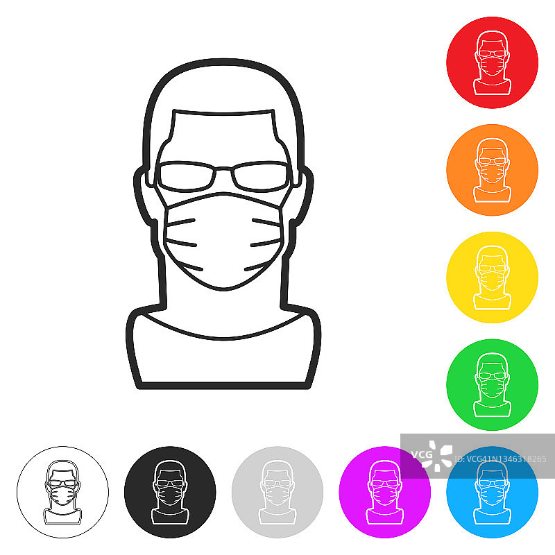戴着医用面罩的男子按钮上不同颜色的平面图标图片素材