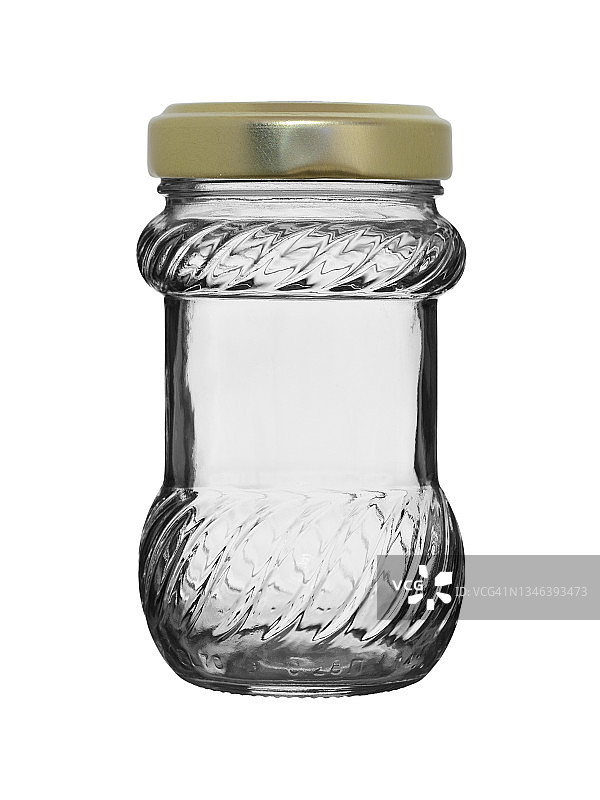 一个造型时髦的空玻璃瓶，用金属盖盖上。孤立在白色背景上图片素材