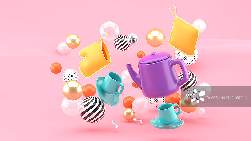 一套茶具在粉红色背景的彩色球中间。3 d渲染。图片素材