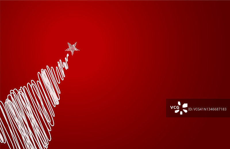 明亮的白色倾斜三角形树充满了涂鸦和一个星星在顶部的左下角的一个空白充满活力的明亮的红色栗色水平圣诞节日矢量背景作为模板贺卡，海报和旗帜图片素材