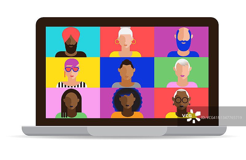 在笔记本电脑屏幕上的虚拟会议与不同的同事在现代充满活力的平面色彩图片素材