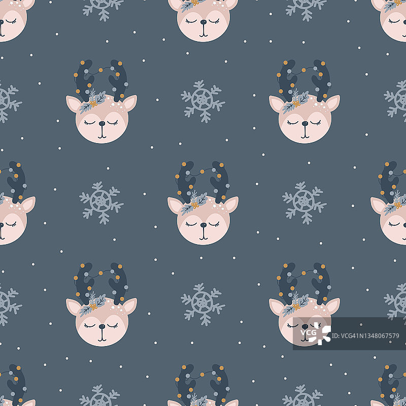 圣诞和新年象征鹿的斯堪的纳维亚手绘无缝图案。向量可爱的打印。电子纸。设计元素。图片素材