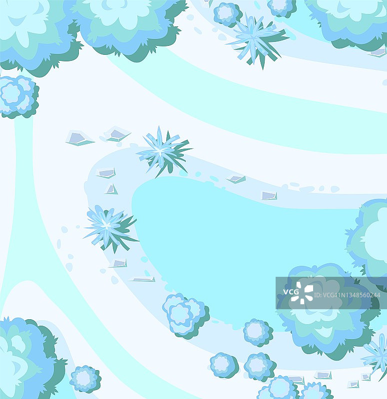 冬季景观俯视图。寒冷季节多雪的霜冻自然。从高。白色和蓝色的雪。插图采用卡通风格的平面设计。向量图片素材