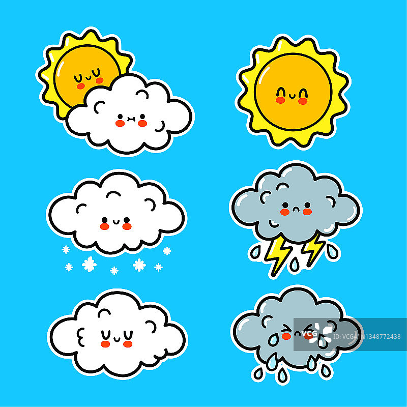 可爱、快乐、有趣的天气图标。矢量手绘卡通卡哇伊人物插图贴纸标志图标。可爱快乐云、太阳、雨、雪、风暴卡通人物概念图片素材