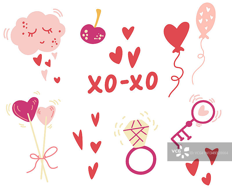 情人节的浪漫元素。糖果，棒棒糖，云，心，戒指，球和钥匙。矢量插图邀请，贴纸，贺卡等图片素材