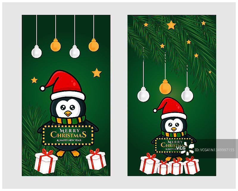 圣诞快乐，新年快乐，旗帜与企鹅设计模板图片素材