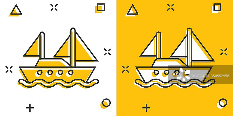 漫画风格的旅游船图标。渔船卡通矢量插图在白色孤立的背景。油轮目的地飞溅效应的经营理念。图片素材