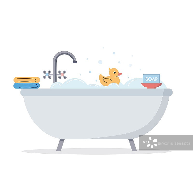 泡沫浴在一个孤立的背景。浴缸有泡沫和橡皮鸭。洗浴时间。扁平式浴巾和沐浴皂。可爱的矢量图。图片素材