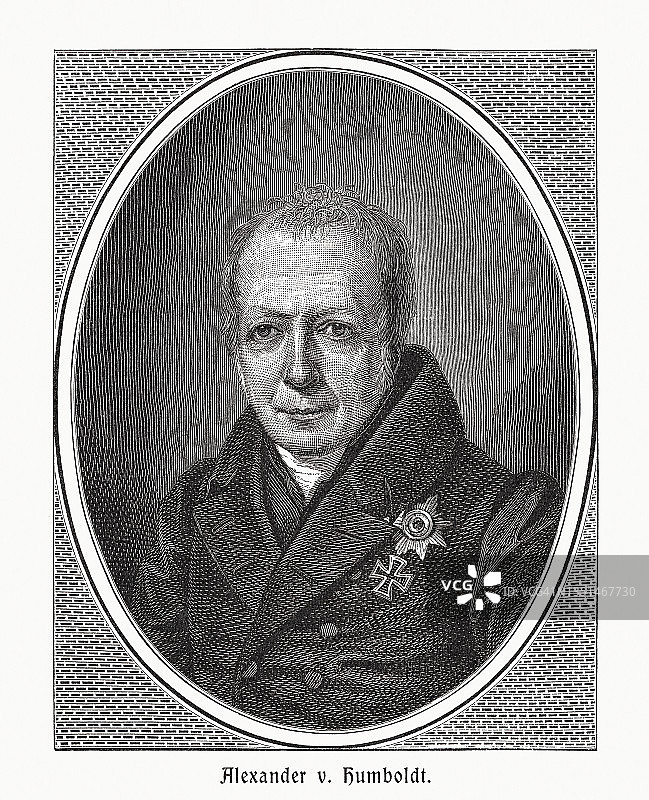 亚历山大·冯·洪堡(1769-1859)，普鲁士探险家，木刻，1890年出版图片素材