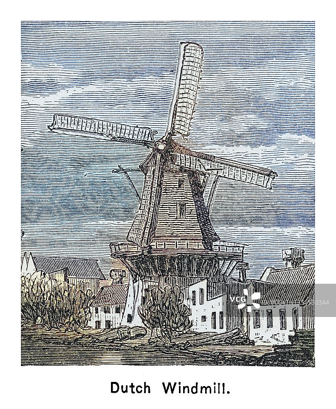 荷兰风车的古老雕刻插图图片素材