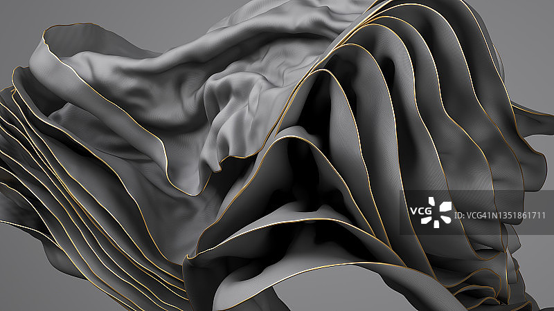 3d渲染，抽象背景与许多层黑色波浪窗帘与黄金镶边，布料宏，波浪时尚壁纸与丝绸纺织品图片素材