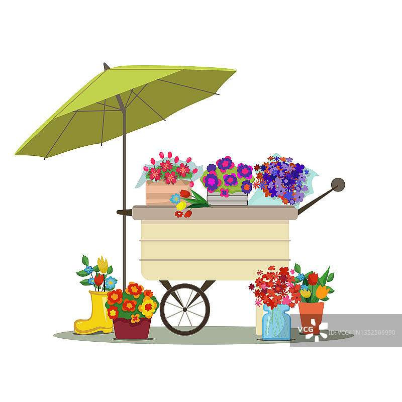 花商店-现代矢量卡通插图的白色背景。车里装着不同的花盆图片素材