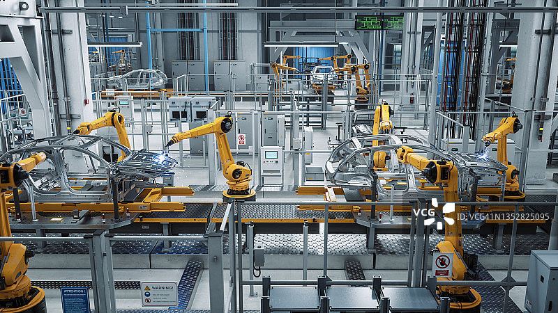 汽车工厂3D概念:自动化机器人手臂装配线制造先进的高科技绿色能源电动汽车。建筑，建筑，焊接工业生产输送机。图片素材