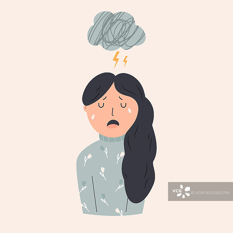 一个沮丧哭泣的女孩和她头顶的雨云的插图图片素材