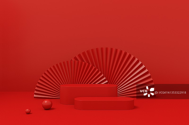 抽象红色的讲台背景与扇子。3 d渲染。图片素材