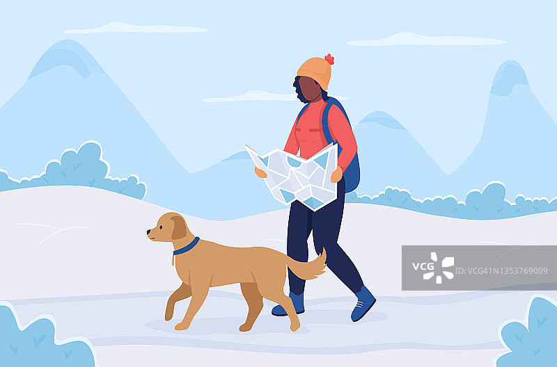 冬季徒步旅行路线的平面颜色矢量插图图片素材