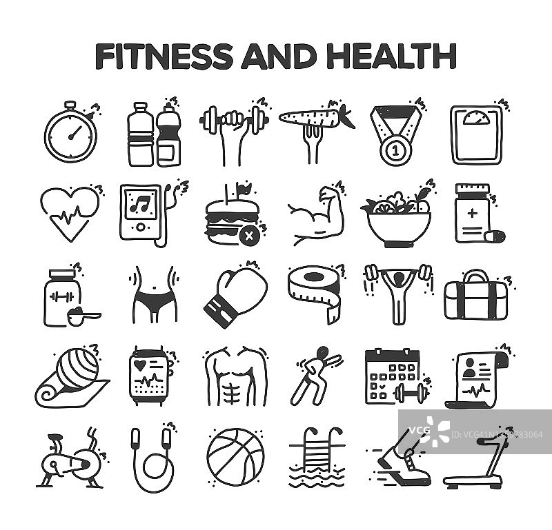 健身和健康相关手绘矢量涂鸦图标集图片素材