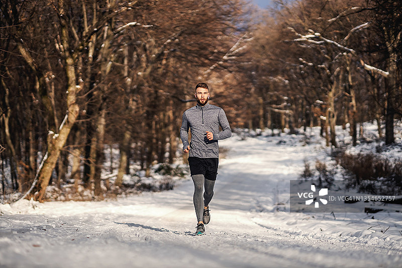 在冬天，运动员在林中雪道上跑步。冬季运动，健康习惯，户外健身图片素材
