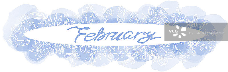 紫罗兰线画一个二月在一个椭圆形的框架与霜花元素和水彩斑点在白色的背景。冬季线艺术文本图片素材