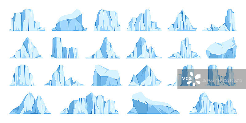 漂浮的冰山集合。漂流的北极冰川，冰冻的海水块。冰雪覆盖的山脉。融冰的峰值。南极的景观。南极和北极。矢量图图片素材