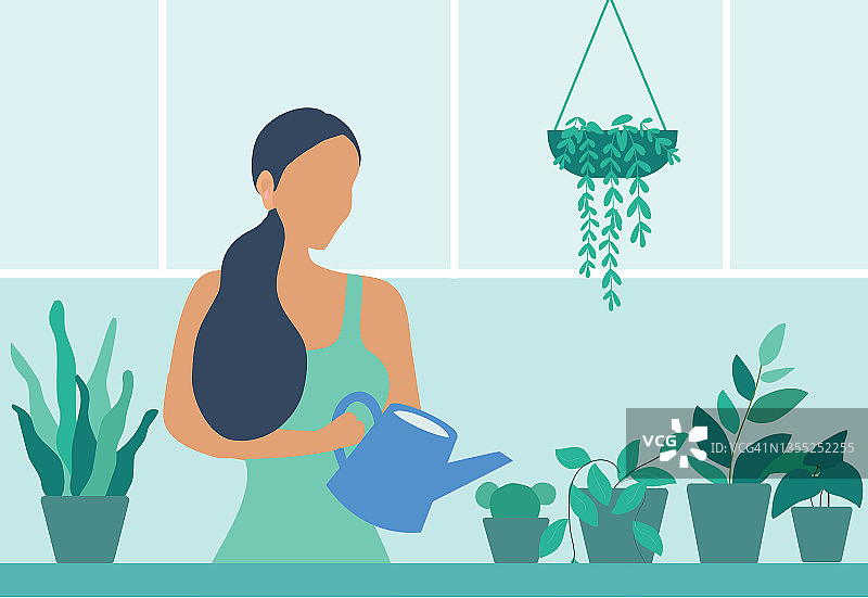 快乐的女人浇水室内植物在家里矢量插图。爱好，呆在家里，生活方式，家庭花园和室内植物概念图片素材