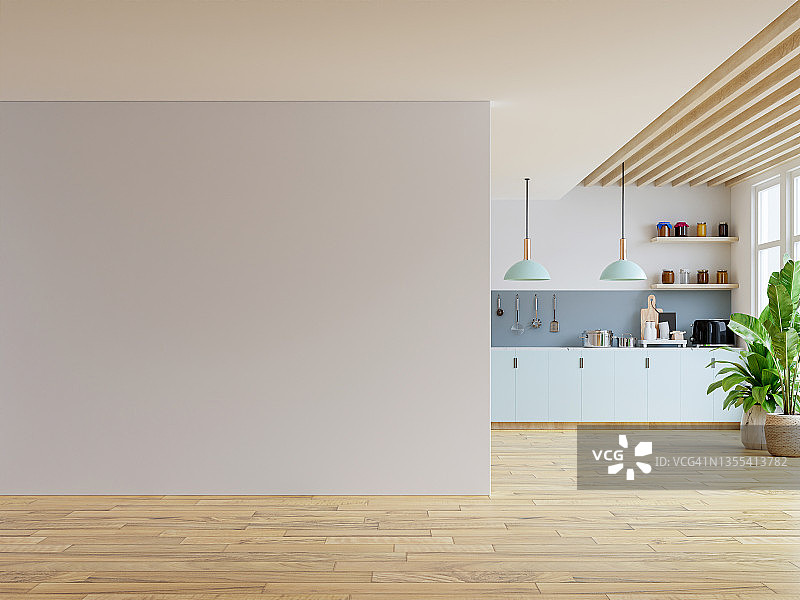 厨房风格的白色模拟墙，房间里有配件。图片素材