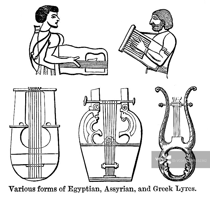 古雕刻插图的各种形式的埃及，亚述人和希腊竖琴图片素材