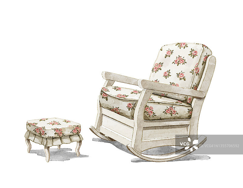 水彩卡通白色摇椅和花卉图案的小凳子图片素材