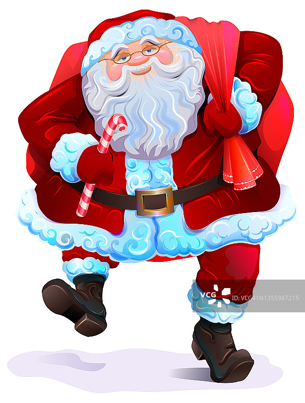 圣诞老人背着一包礼物和棒棒糖正面的看法。圣诞贺卡模板图片素材