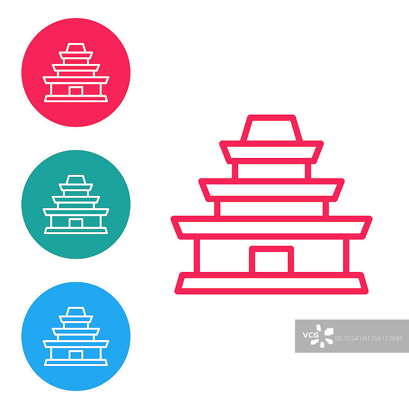 红色线传统韩国寺庙建筑图标孤立在白色背景。在圆形按钮中设置图标。向量图片素材