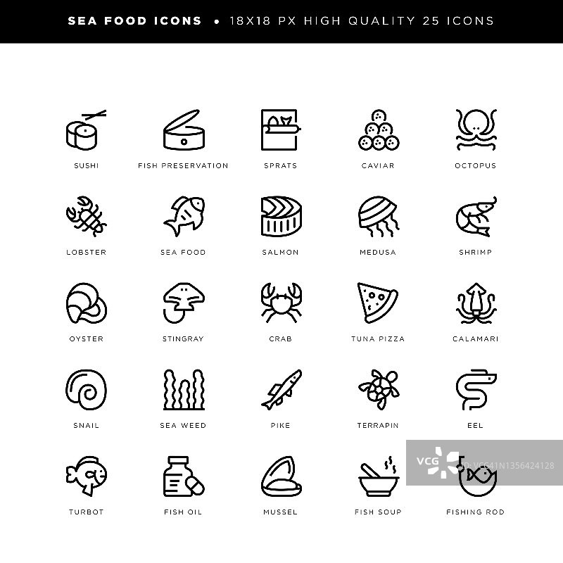 海鲜图标包括寿司、鱼子酱、章鱼、牡蛎、虾、龙虾、鱼汤、贻贝等。图片素材