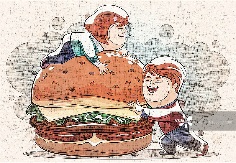 快乐的男孩和女孩拿着大汉堡图片素材
