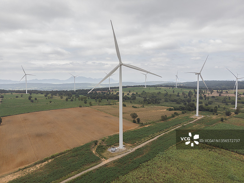 鸟瞰图，风力涡轮机为清洁能源为环境保护。图片素材