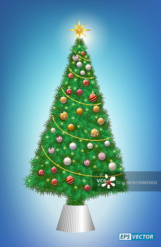 现实圣诞树装饰或豪华冷杉圣诞树与星星灯和礼品盒或装饰圣诞模板为横幅。每股收益向量图片素材