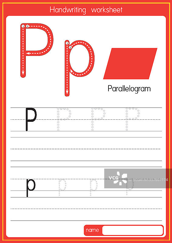 矢量说明平行四边形与字母P大写或大写字母的儿童学习练习ABC图片素材
