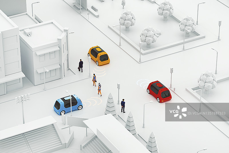 未来的自动驾驶汽车和行人在街上图片素材