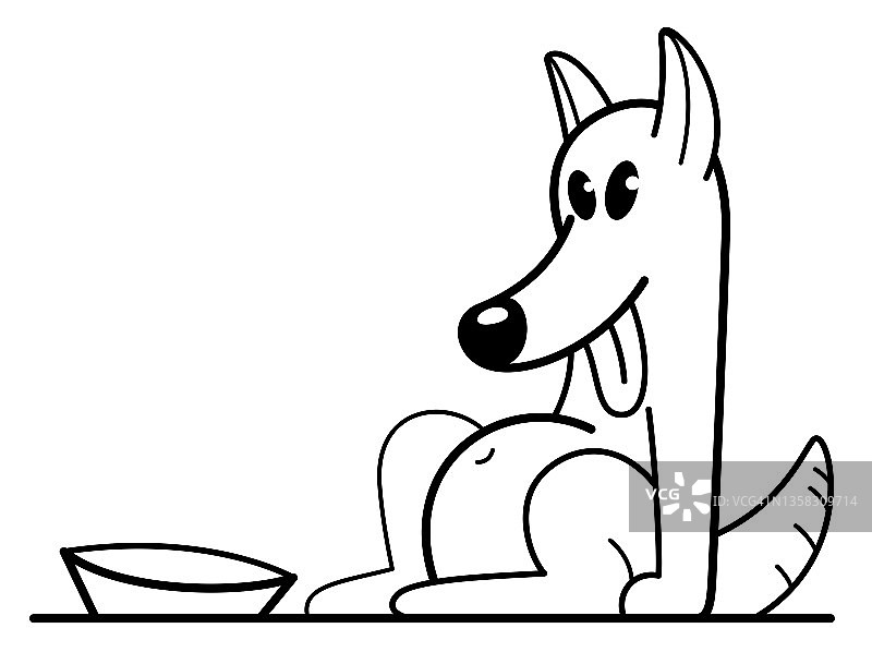 有趣的卡通狗坐在他的碗附近饱和快乐矢量平风格的插图上孤立的白色，可爱和可爱的家养动物朋友。图片素材