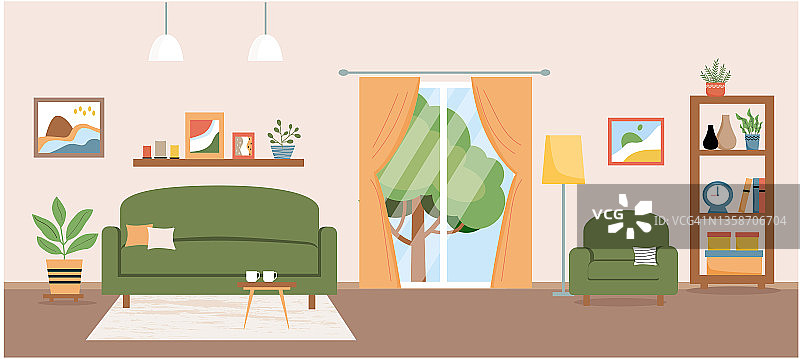 客厅矢量插图。带家具的客厅。沙发、扶手椅、餐桌、阳台、架子、家用植物、餐桌、装饰品。平的风格。图片素材