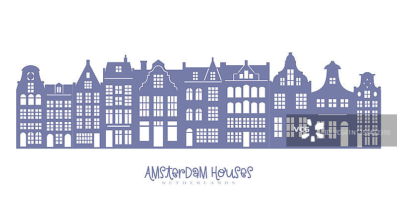 阿姆斯特丹一排房屋的剪影。欧洲旧建筑的正面装饰圣诞节。荷兰的房子。向量图片素材