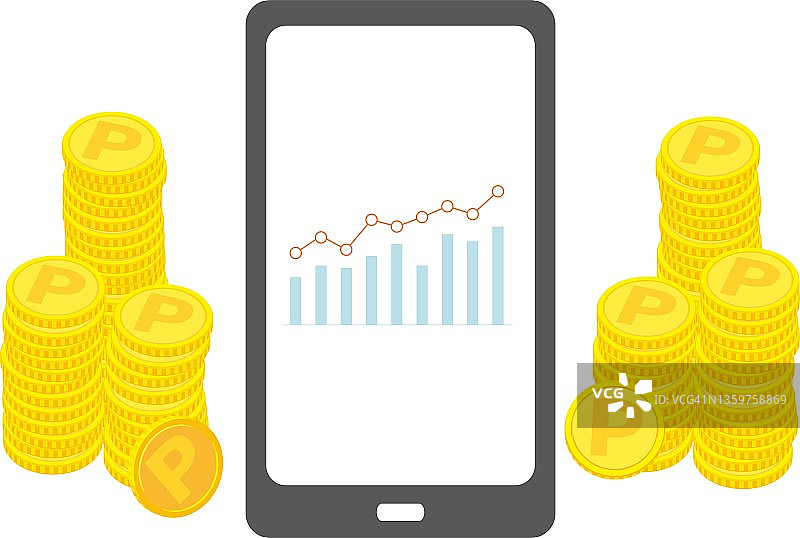智能手机屏幕上投影的经济图及堆积的硬币/插图材料说明(矢量插图)图片素材