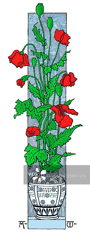 花卉装饰与玉米罂粟在花瓶装饰艺术新1896年图片素材