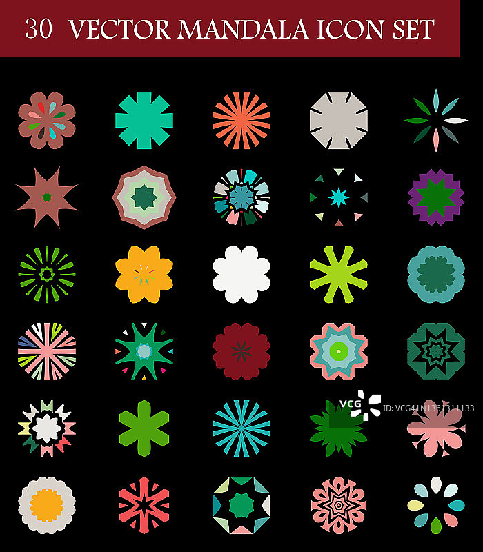 矢量抽象彩色环曼荼罗花卉图案图标集按钮集合图片素材