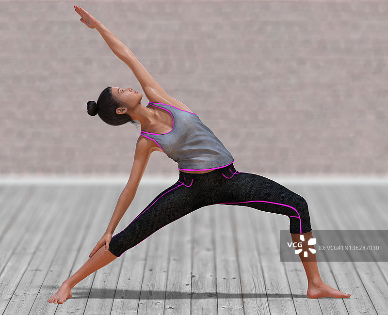 虚拟女人在瑜伽反向勇士姿势与一个清晰的木地板图片素材